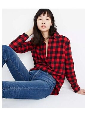 Madewell Flannel Popover Oversized Shirt in Red & Black Buffalo Check